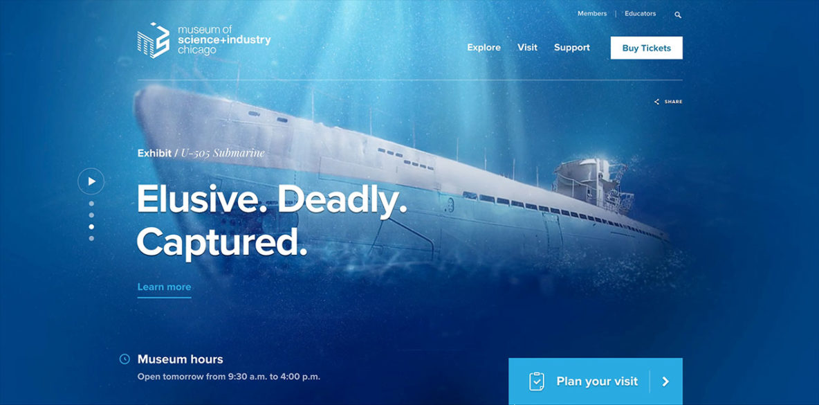 Screenshot of website homepage with large submarine.